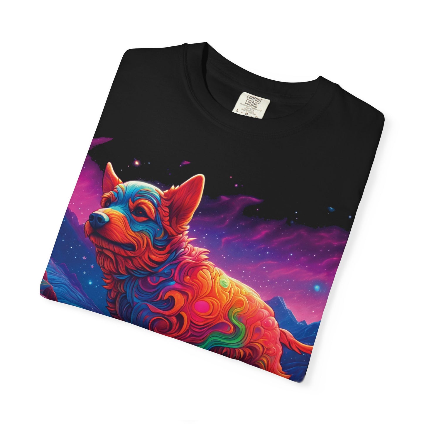 Psychedelic Fox Dog T-Shirt — Vibrant Neon Animal Art Tee (Includes PLURROUT.com Back Print)