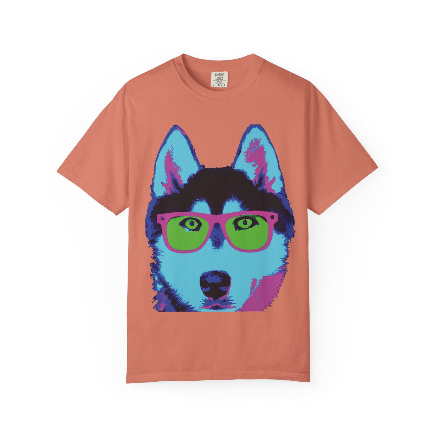 Pop Art Husky T-Shirt — Colorful Dog Face with Sunglasses, Back 'PLURout.com' Graphic