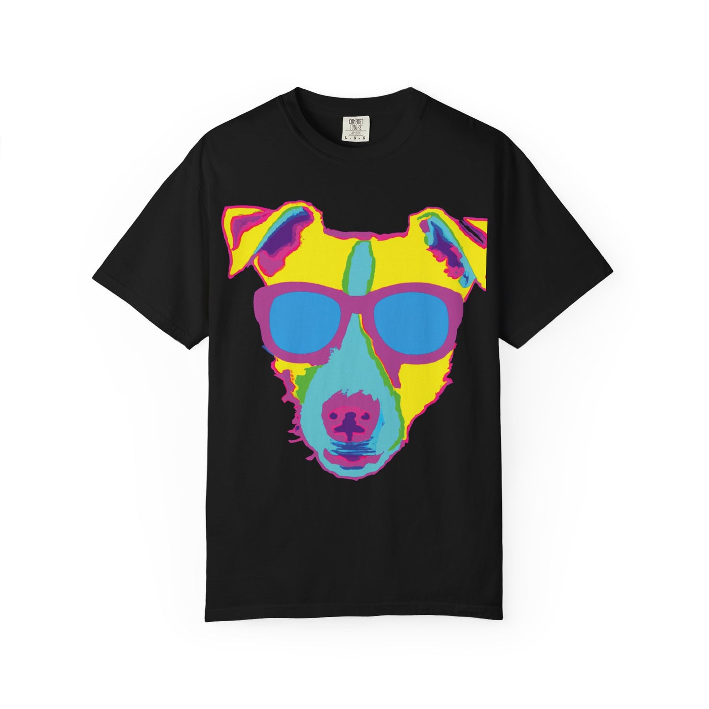 Dog Sunglasses Tee — Colorful Pop Art Dog T-Shirt (PLURout.com Back)