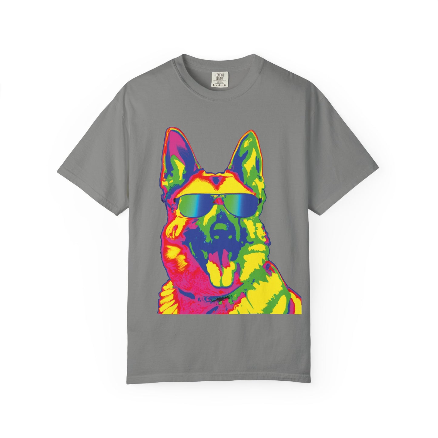 Retro Neon German Shepherd Tee — Cool Sunglasses Dog Graphic T-Shirt