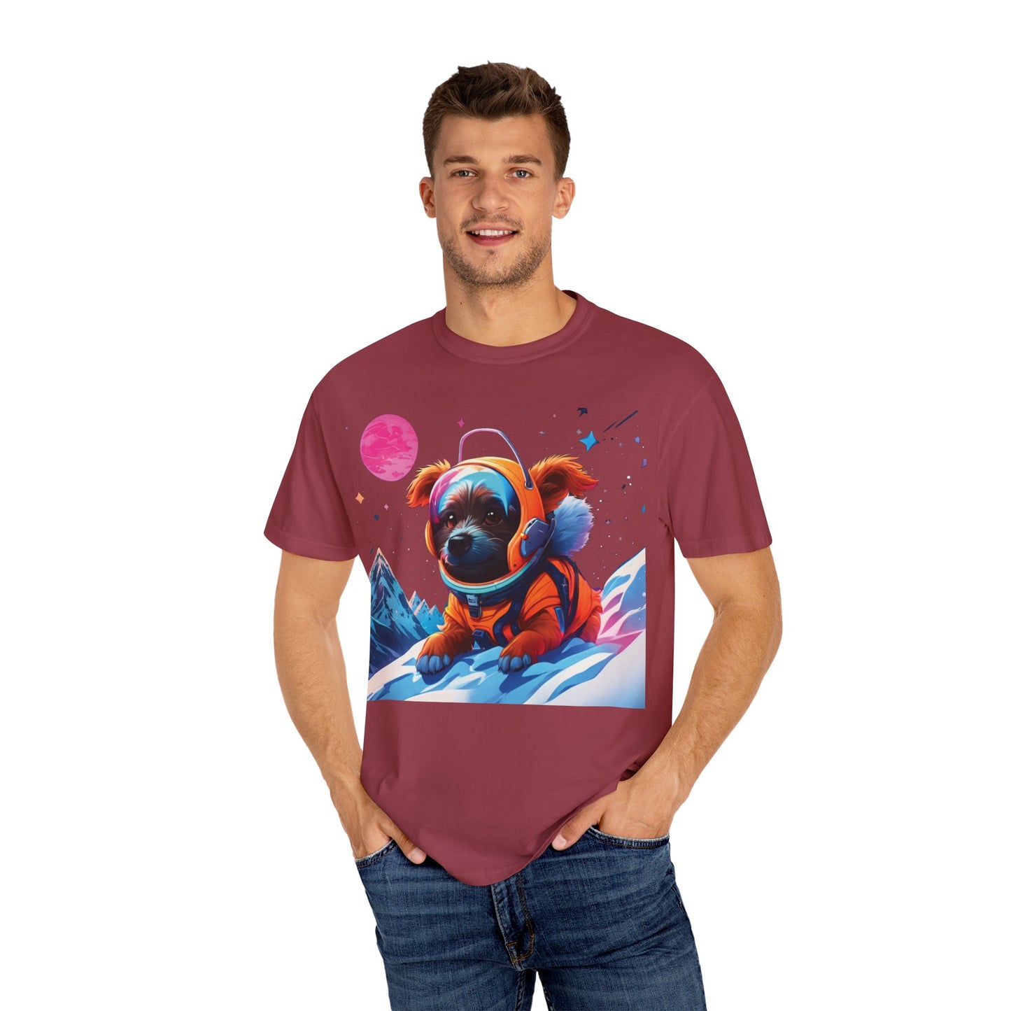 Astronaut Pug T-Shirt — Cute Space Dog Graphic Tee with PLUROUT.com Back Print
