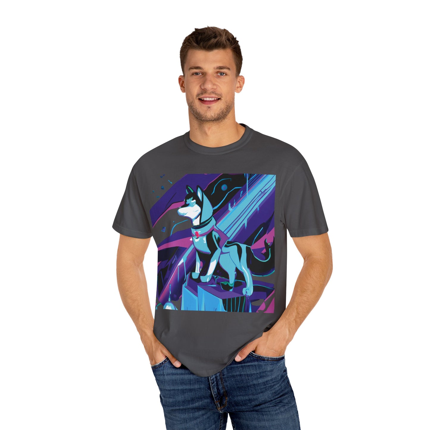 Arctic Husky Graphic T‑Shirt — Neon Cyber Wolf Design