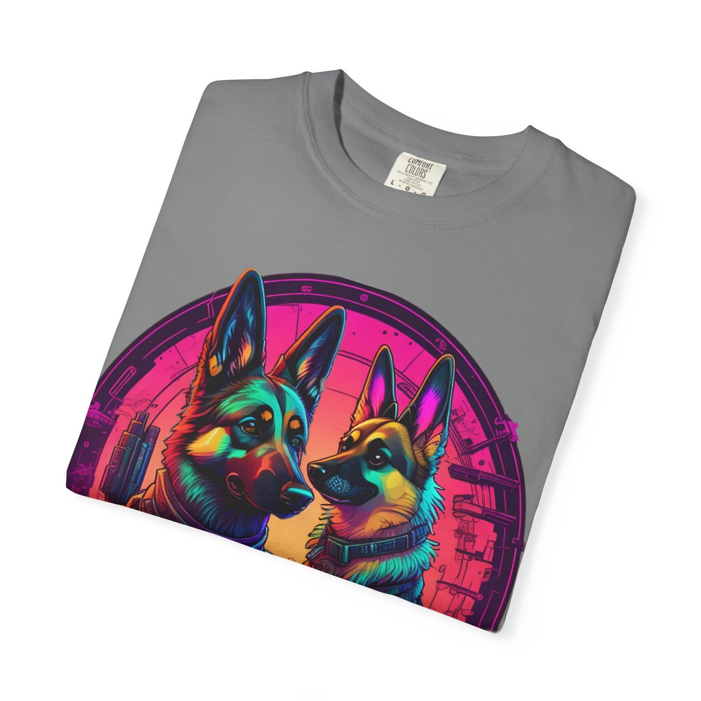 German Shepherd T-Shirt — Neon Retro Dog Duo Graphic Tee