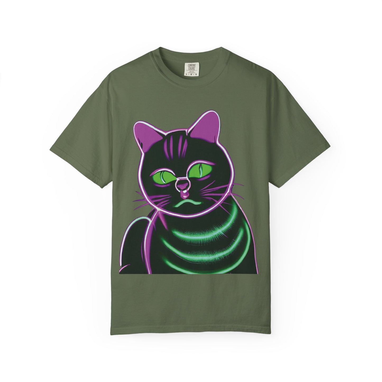 Neon Black Cat Graphic T-Shirt — Glow Green/Purple Cat Tee