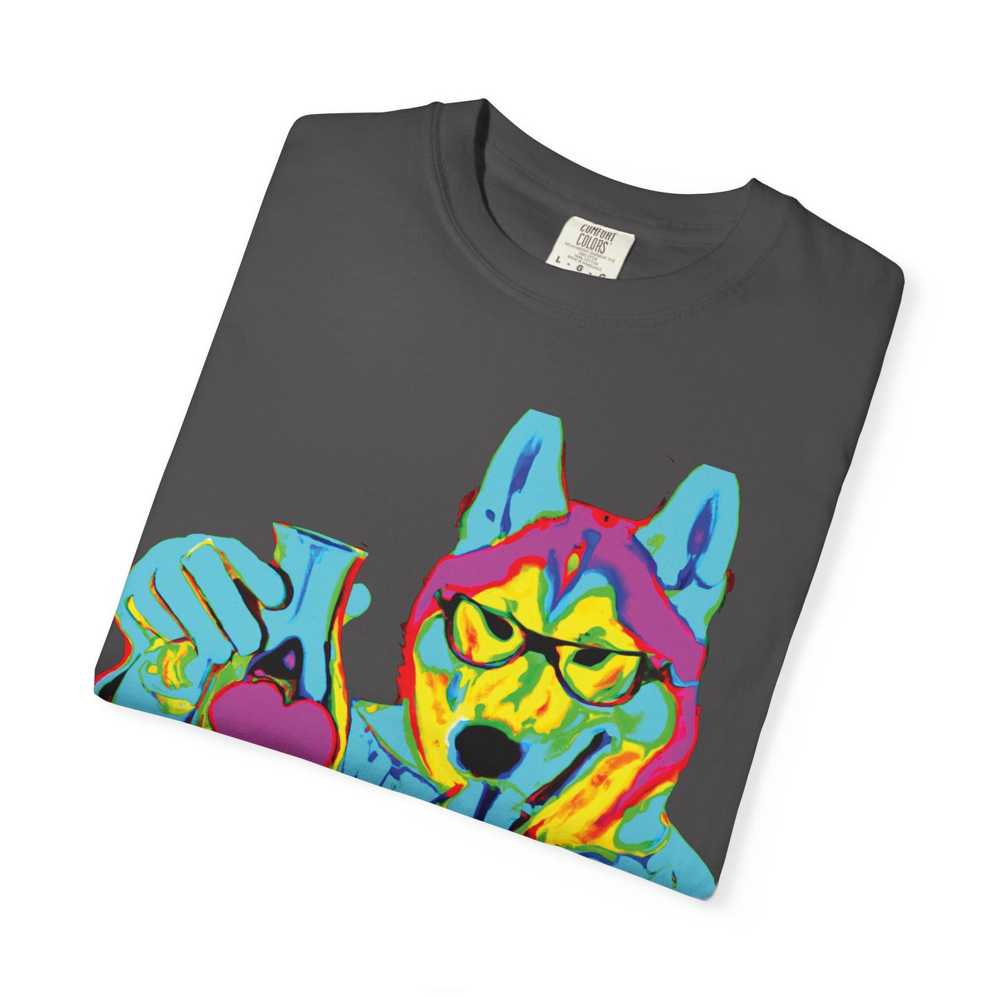 Psychedelic Husky Graphic T-Shirt — Colorful Scientist Dog Design
