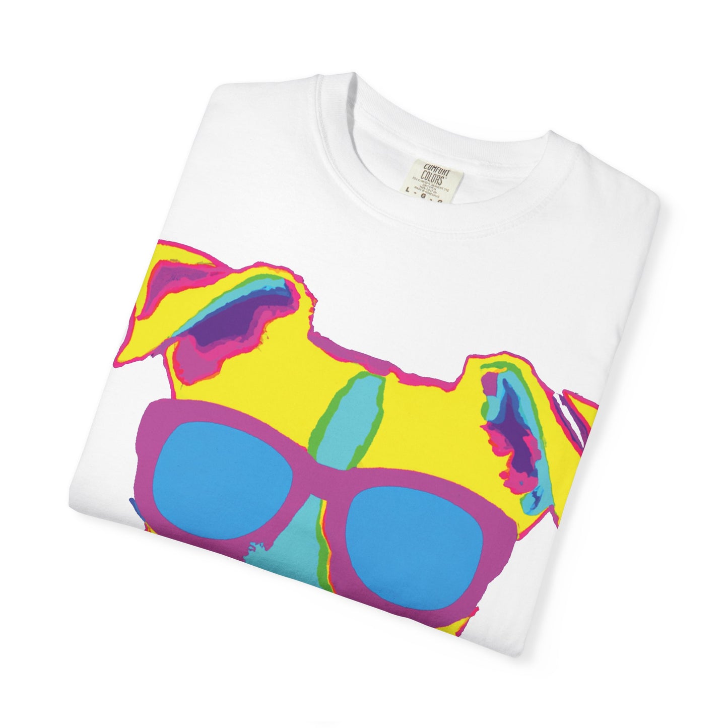 Dog Sunglasses Tee — Colorful Pop Art Dog T-Shirt (PLURout.com Back)