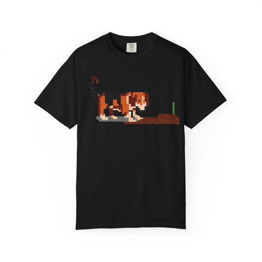 Pixel Beagle T-Shirt — Dog Digging Graphic Tee with 'PLURROUT.com' Back Print