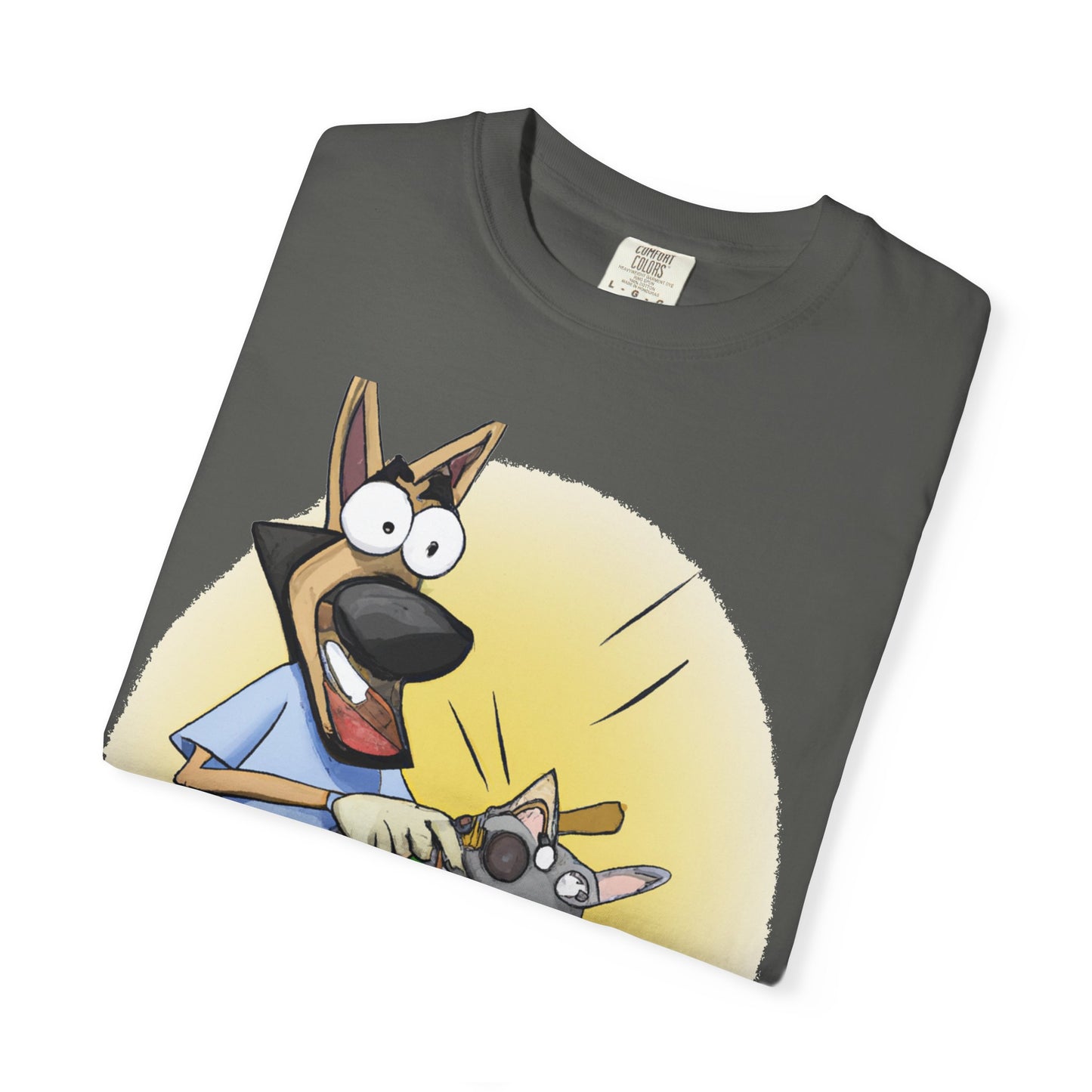 Funny Vet Dog T-Shirt — Cartoon Dog Grooming with 'PLuROUT.com' Back Print