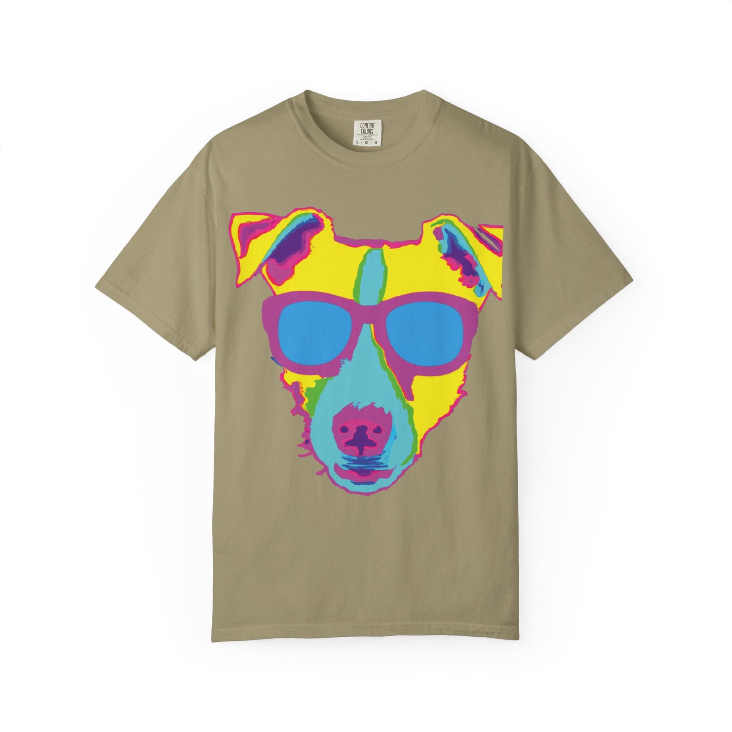 Dog Sunglasses Tee — Colorful Pop Art Dog T-Shirt (PLURout.com Back)
