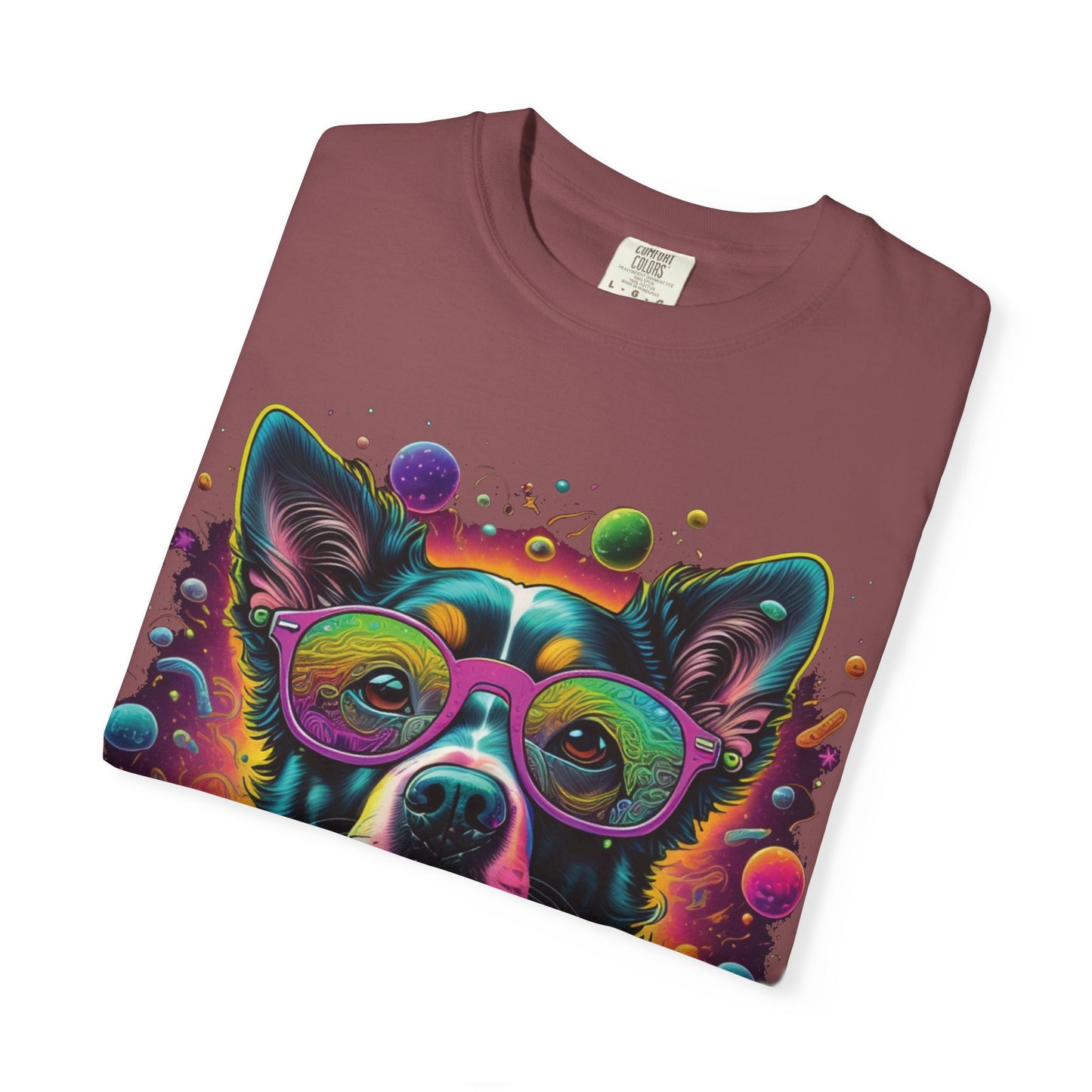 Psychedelic Dog Graphic T-Shirt — Vibrant Neon Pup Art Tee