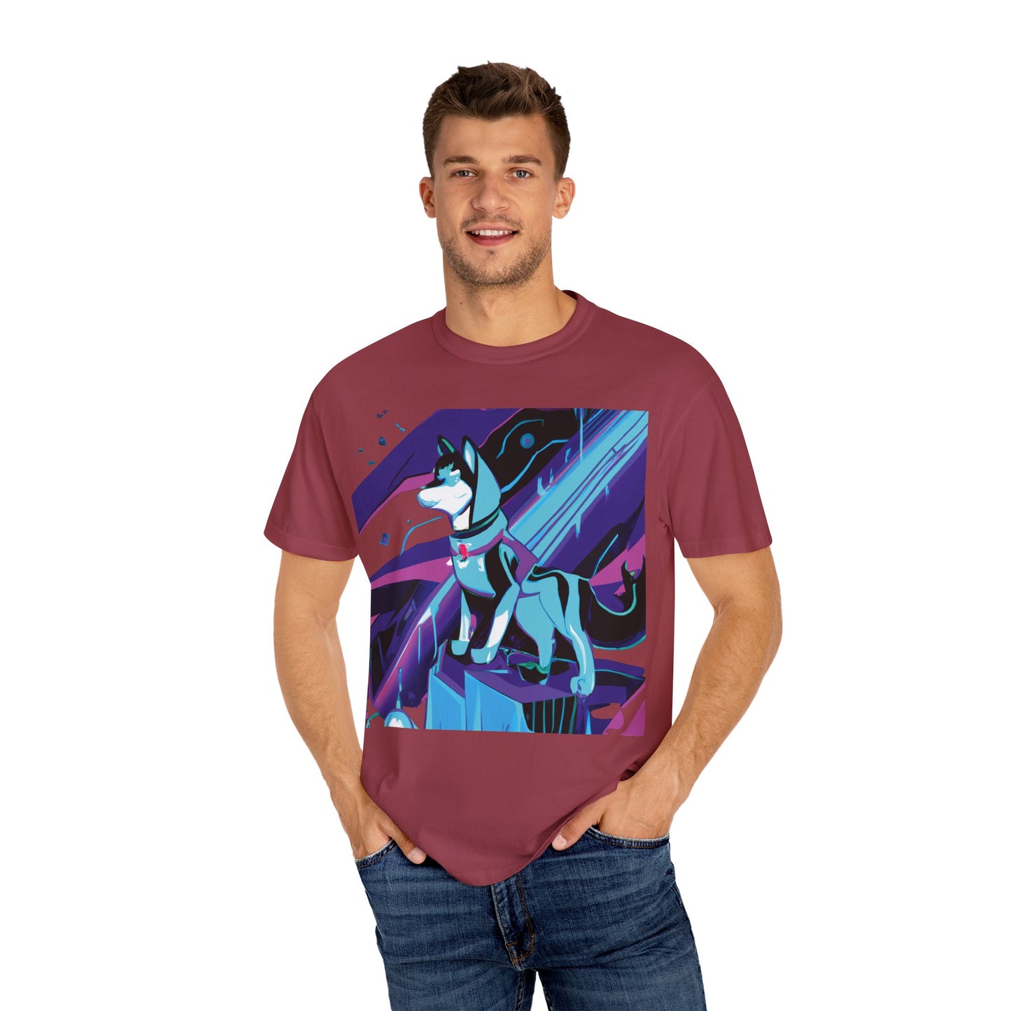 Arctic Husky Graphic T‑Shirt — Neon Cyber Wolf Design