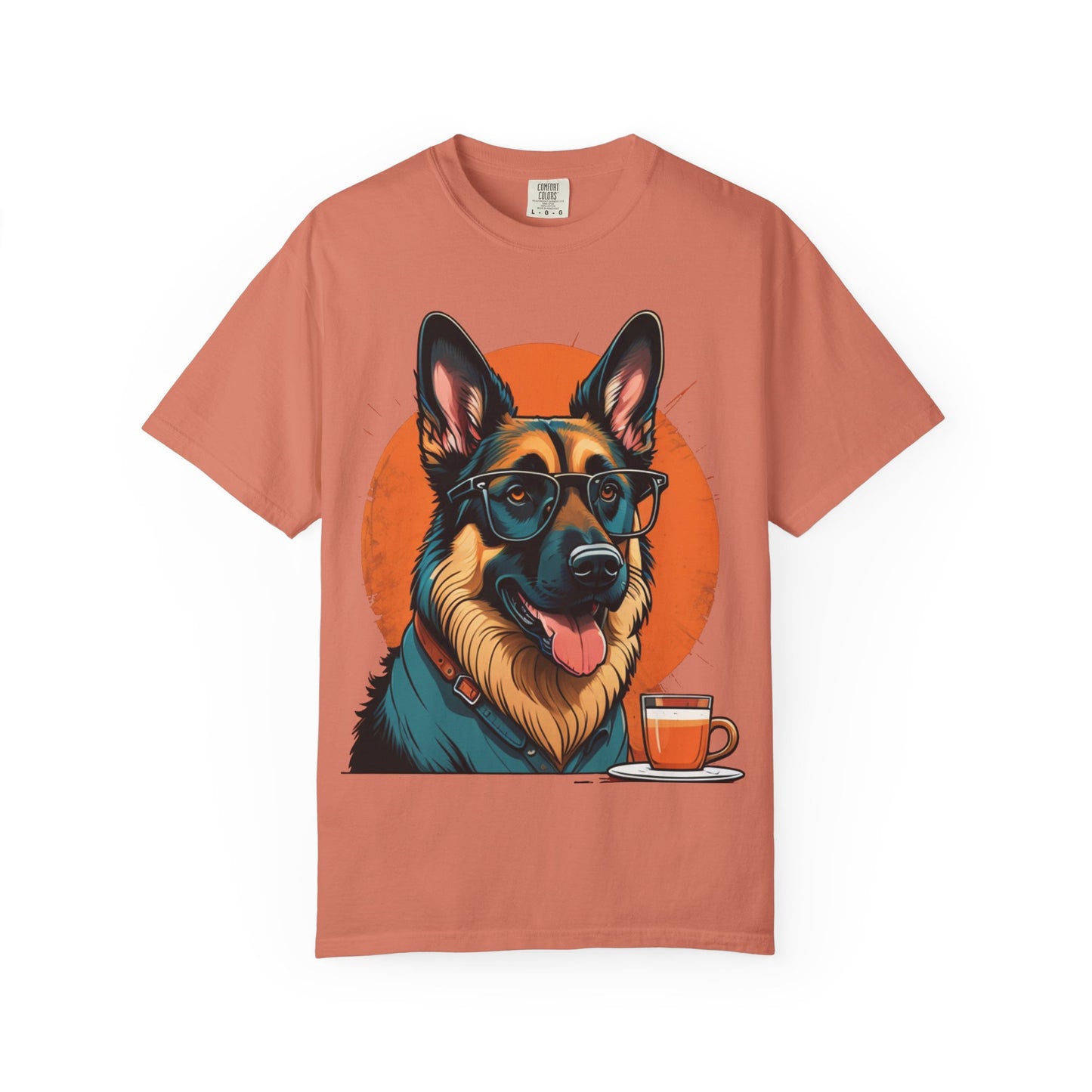 German Shepherd Coffee T-Shirt — Cool Dog Graphic Tee with Sunglasses & Mug