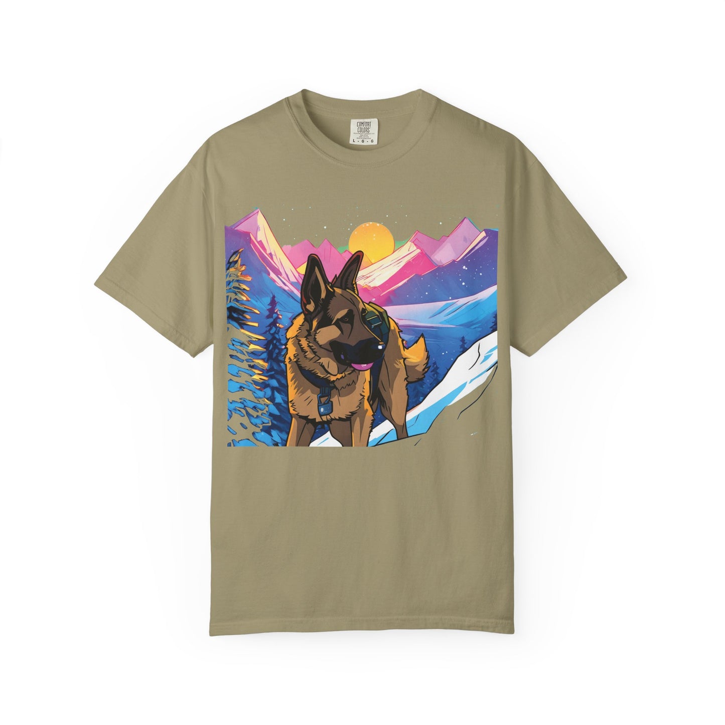 German Shepherd Mountain Sunset T-Shirt — Scenic Dog Graphic Tee