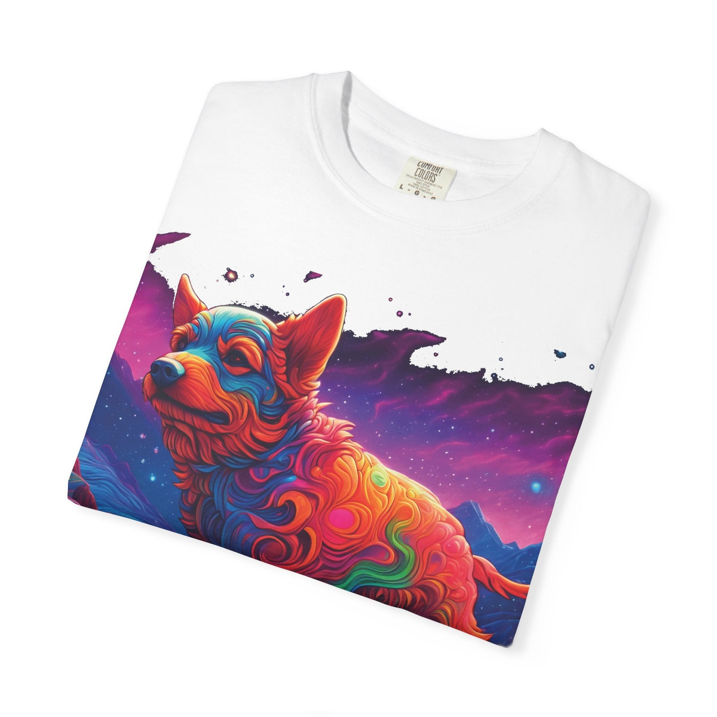 Psychedelic Fox Dog T-Shirt — Vibrant Neon Animal Art Tee (Includes PLURROUT.com Back Print)