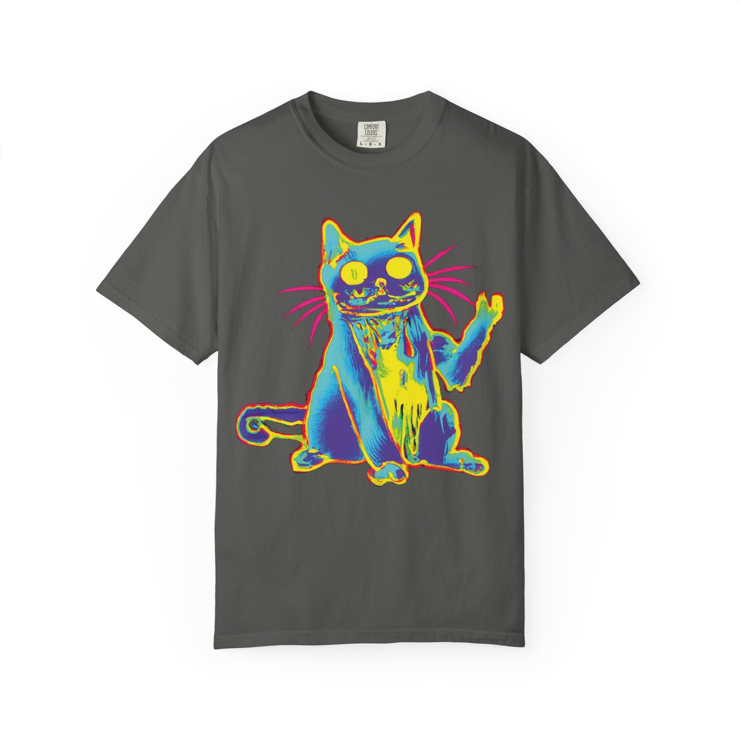 Psychedelic Cat Graphic T-Shirt — Retro Neon Cat Front + 'PLURR0UT.com' Back