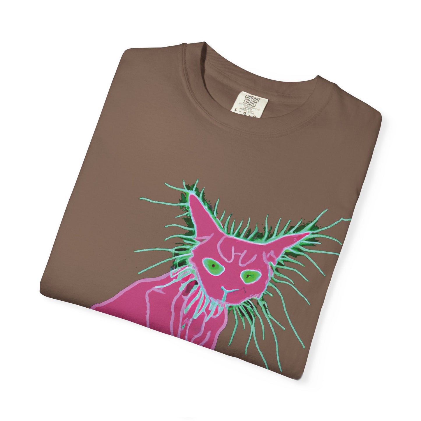 Sphynx Cat Graphic T-Shirt — Neon Pink & Green Punk Cat Design