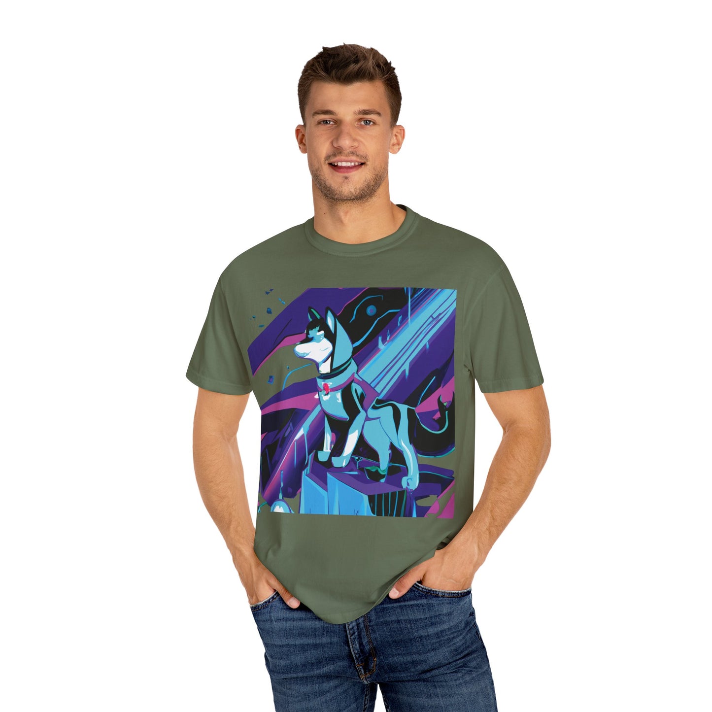 Arctic Husky Graphic T‑Shirt — Neon Cyber Wolf Design