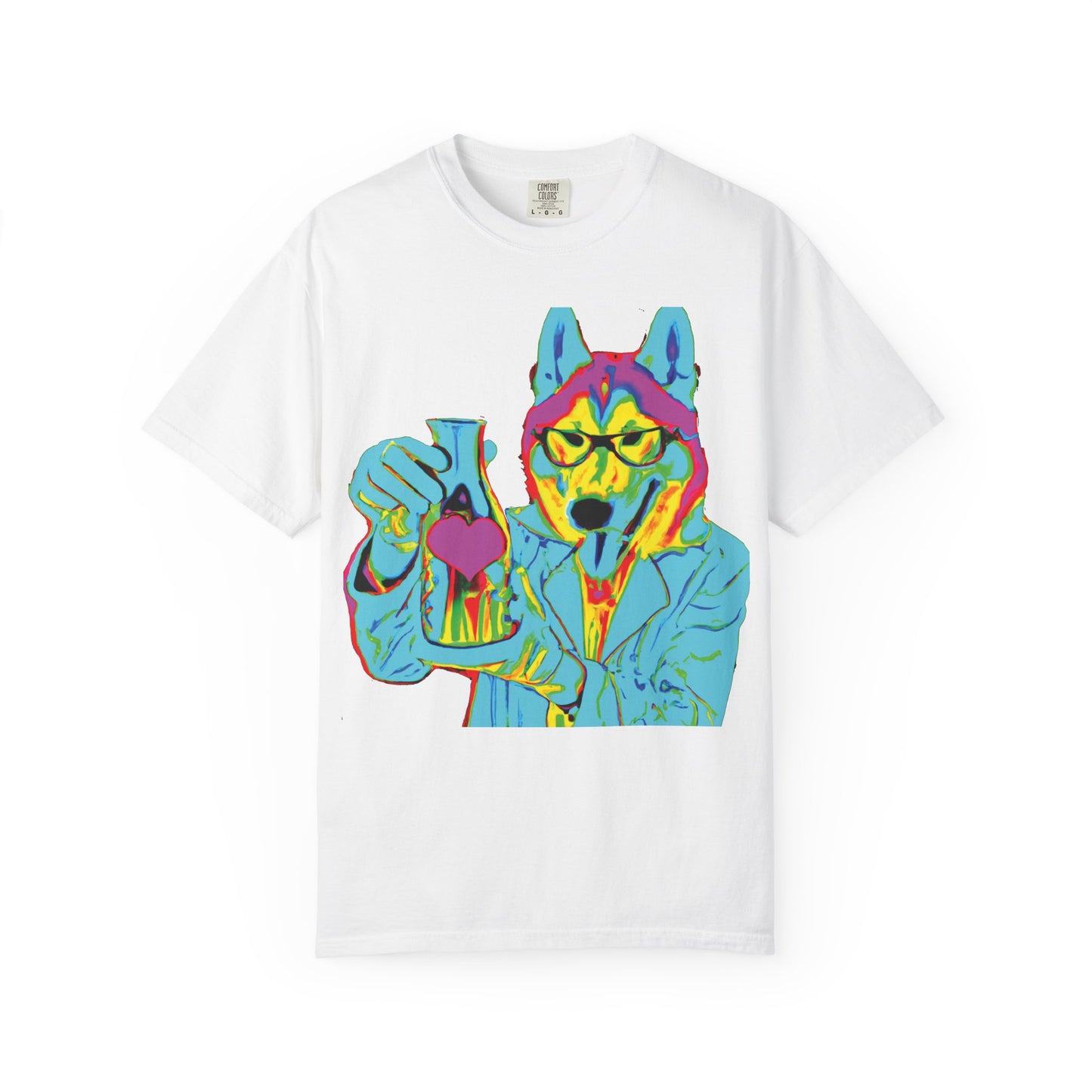 Psychedelic Husky Graphic T-Shirt — Colorful Scientist Dog Design