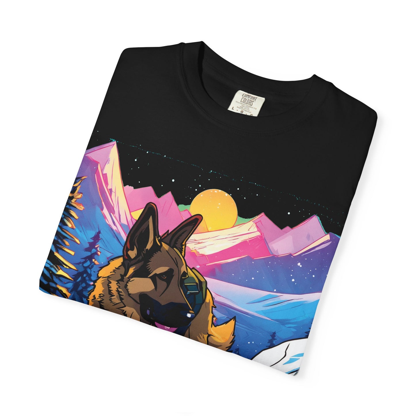 German Shepherd Mountain Sunset T-Shirt — Scenic Dog Graphic Tee