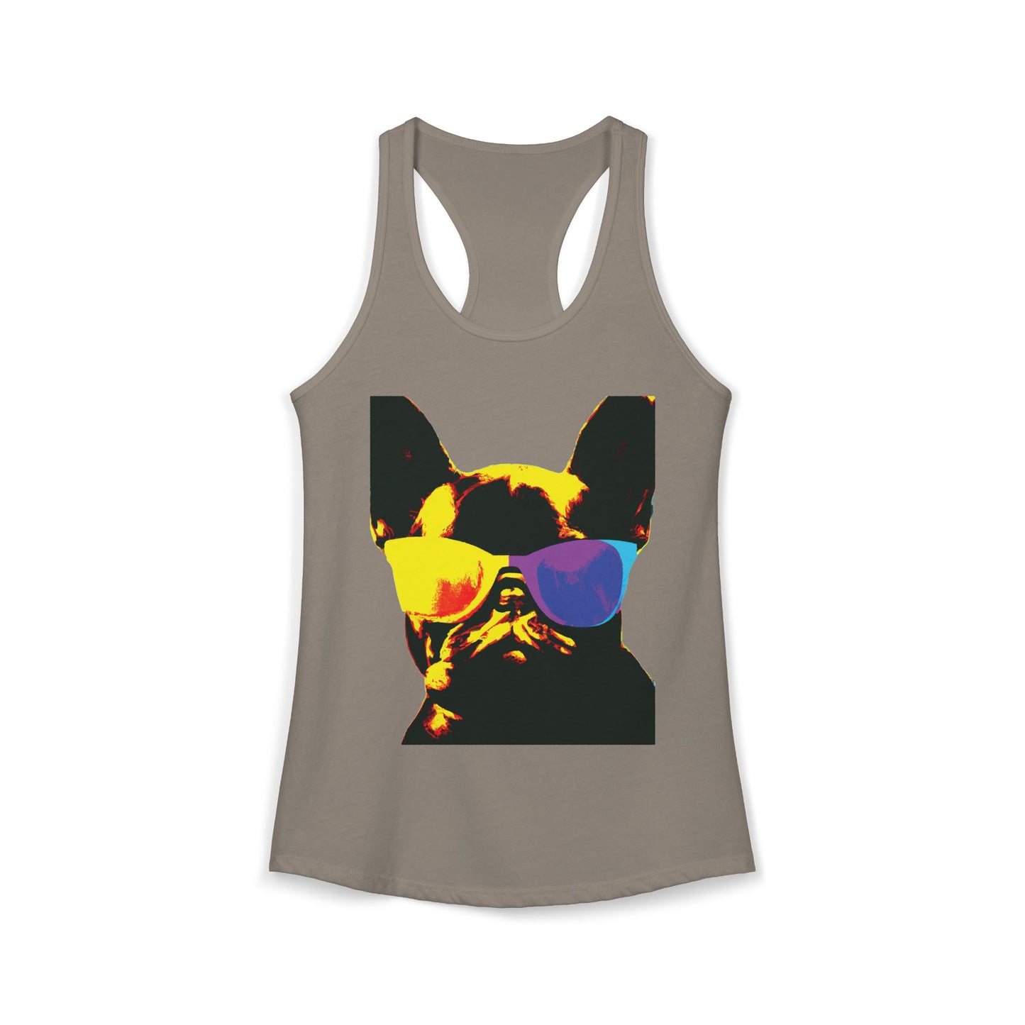 Gold Frenchie Graphic Racerback Tank — "Cool Glasses" French Bulldog Design