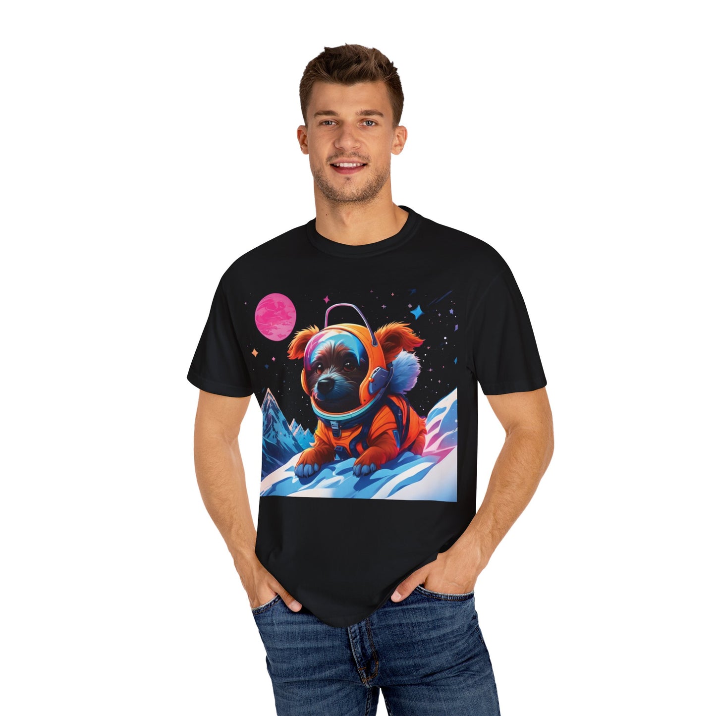 Astronaut Pug T-Shirt — Cute Space Dog Graphic Tee with PLUROUT.com Back Print