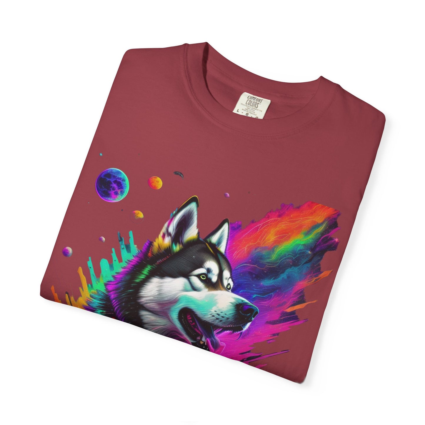 Husky Nebula T-Shirt — Colorful Cosmic Dog Art Tee