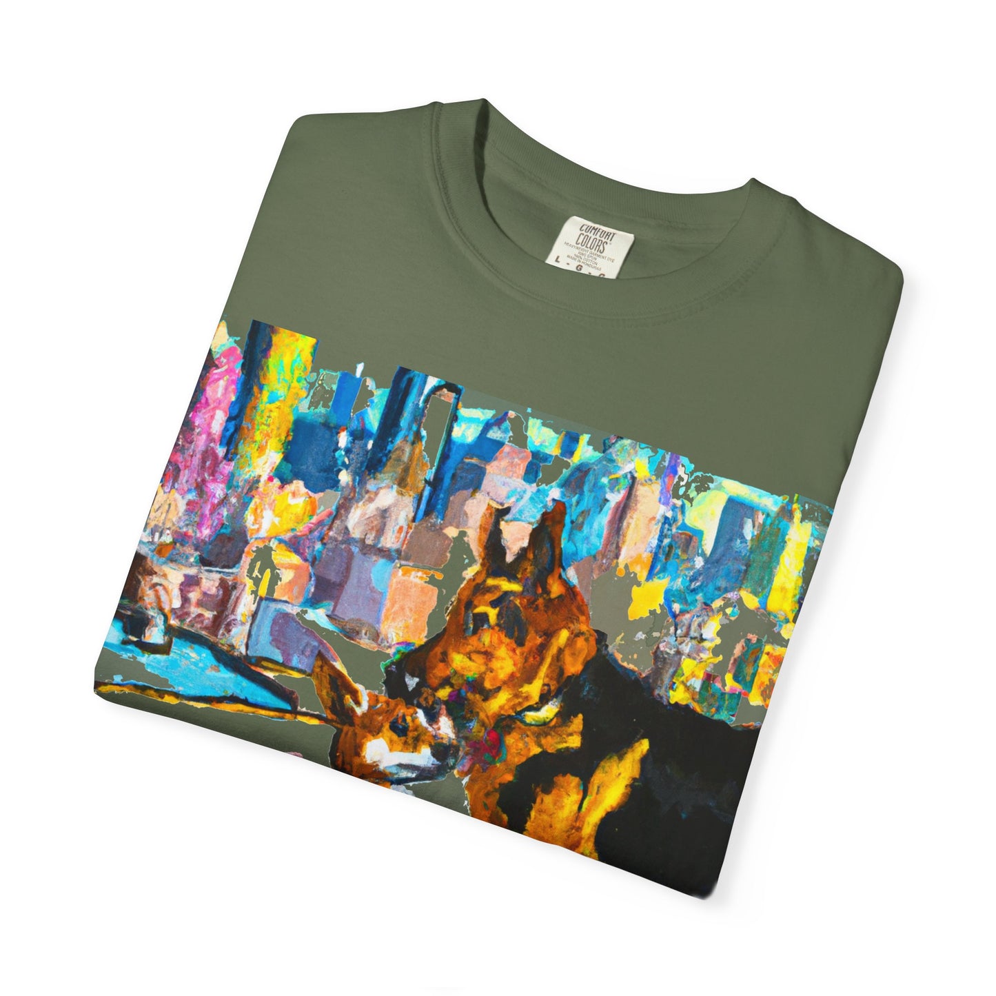 Dog Art T-Shirt — Colorful Urban Canine Print (Back Logo "PLUKOUT.com")