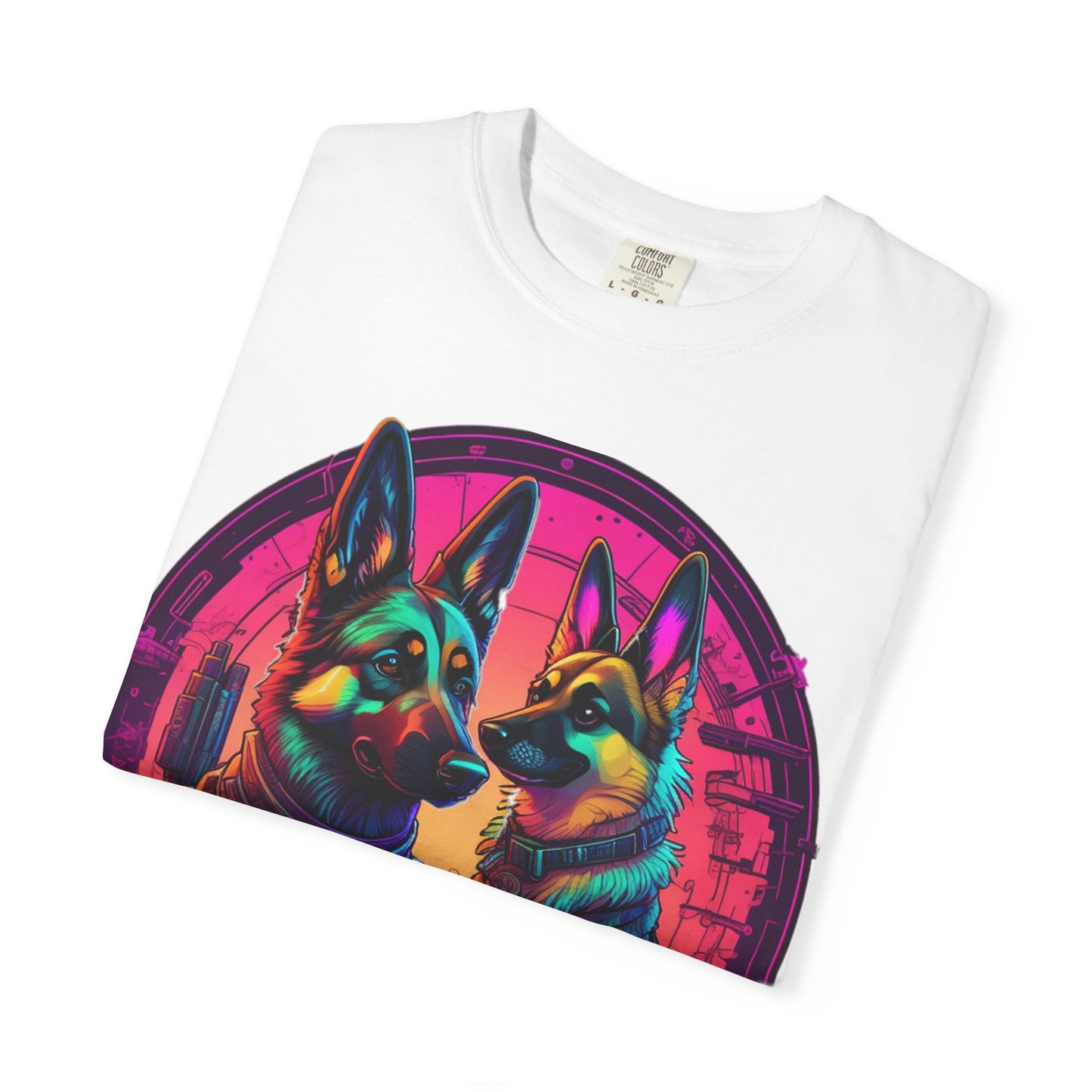 German Shepherd T-Shirt — Neon Retro Dog Duo Graphic Tee