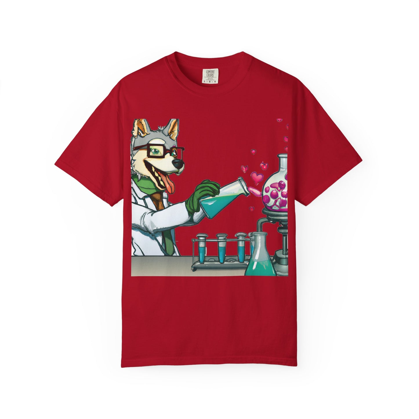 Chemist Dog T-Shirt — Cute Lab Scientist Pouring Love (Plurout.com Back Print)