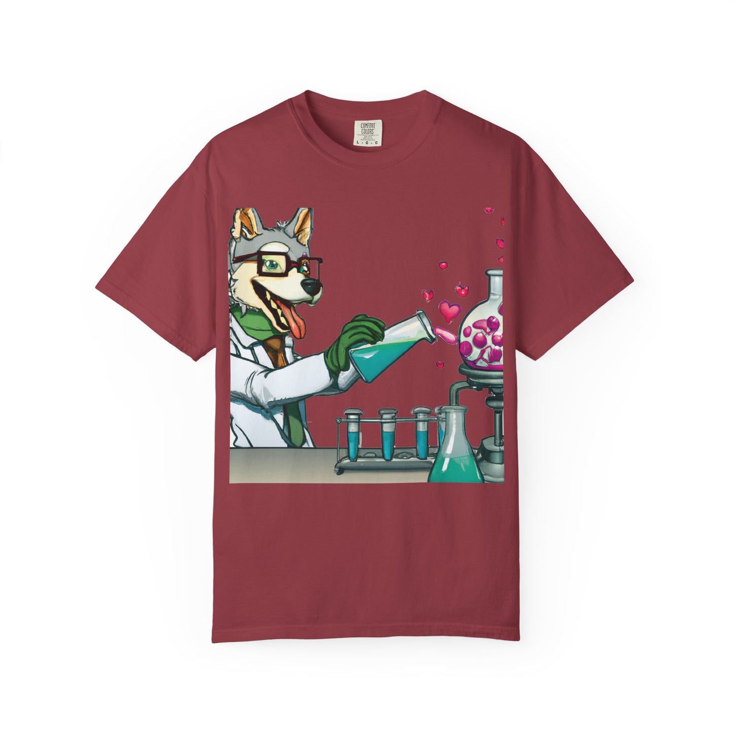 Chemist Dog T-Shirt — Cute Lab Scientist Pouring Love (Plurout.com Back Print)