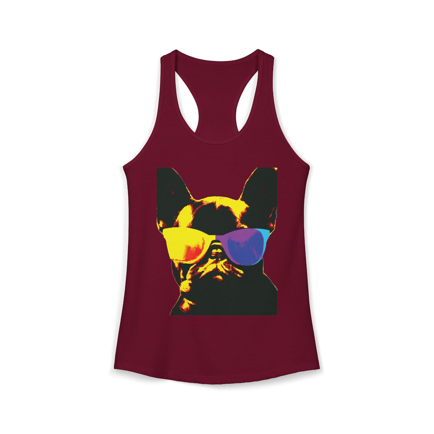 Gold Frenchie Graphic Racerback Tank — "Cool Glasses" French Bulldog Design
