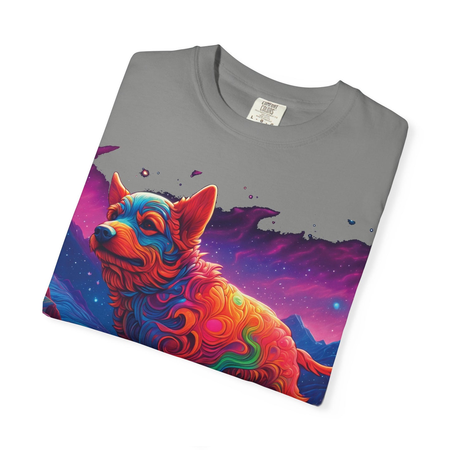 Psychedelic Fox Dog T-Shirt — Vibrant Neon Animal Art Tee (Includes PLURROUT.com Back Print)