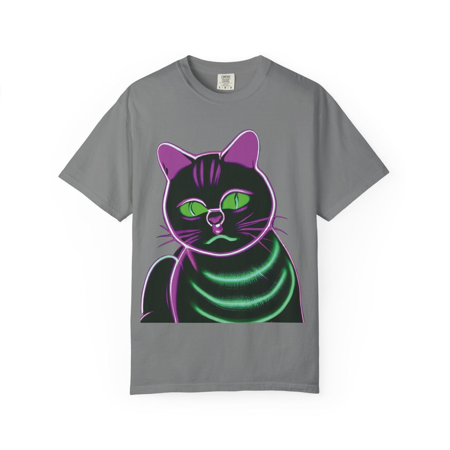 Neon Black Cat Graphic T-Shirt — Glow Green/Purple Cat Tee