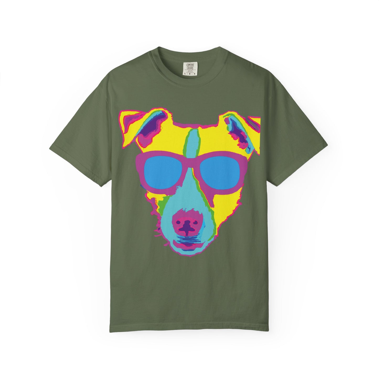Dog Sunglasses Tee — Colorful Pop Art Dog T-Shirt (PLURout.com Back)
