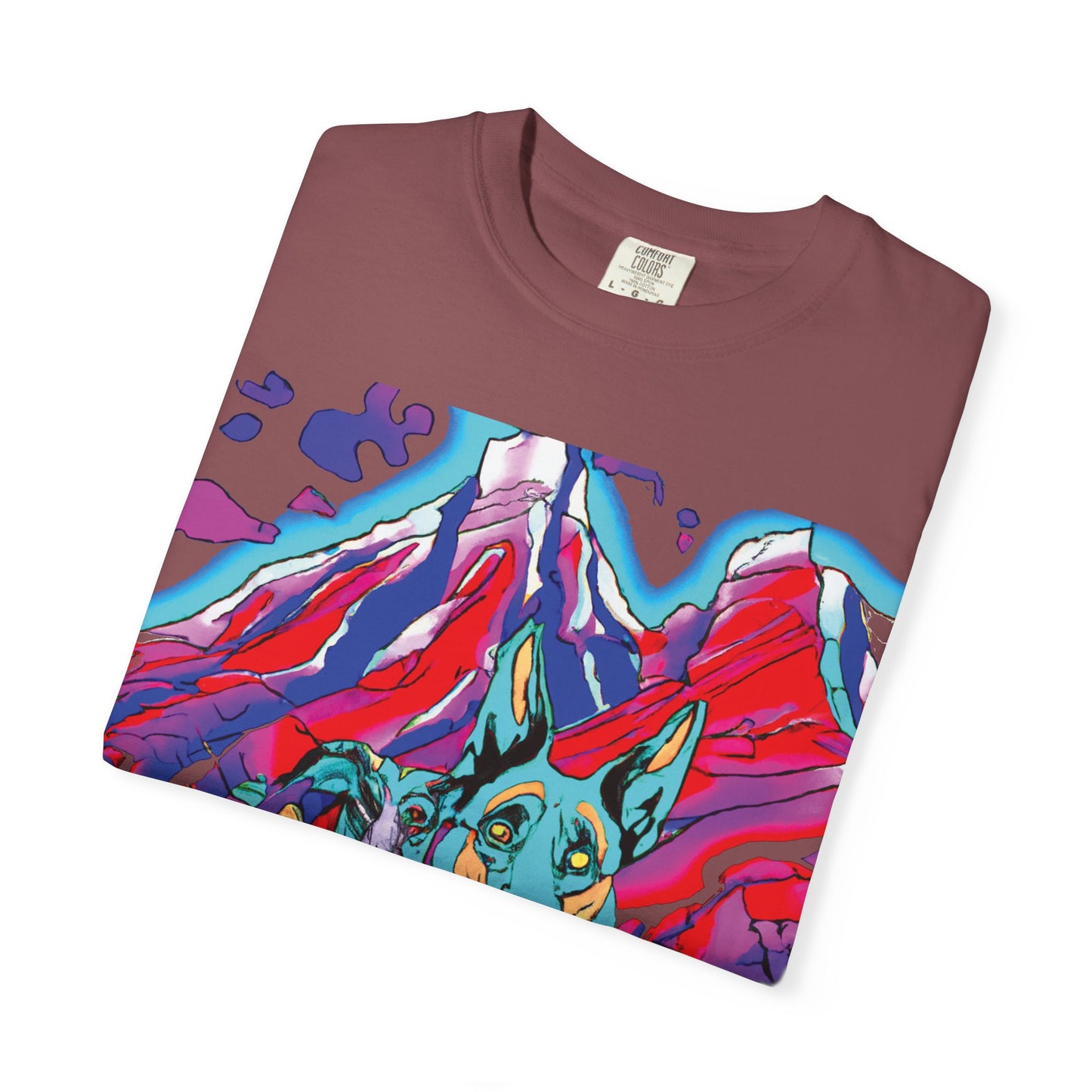 Psychedelic Mountain German Shepherd T-Shirt — Colorful Graphic Tee with Bold Back Script