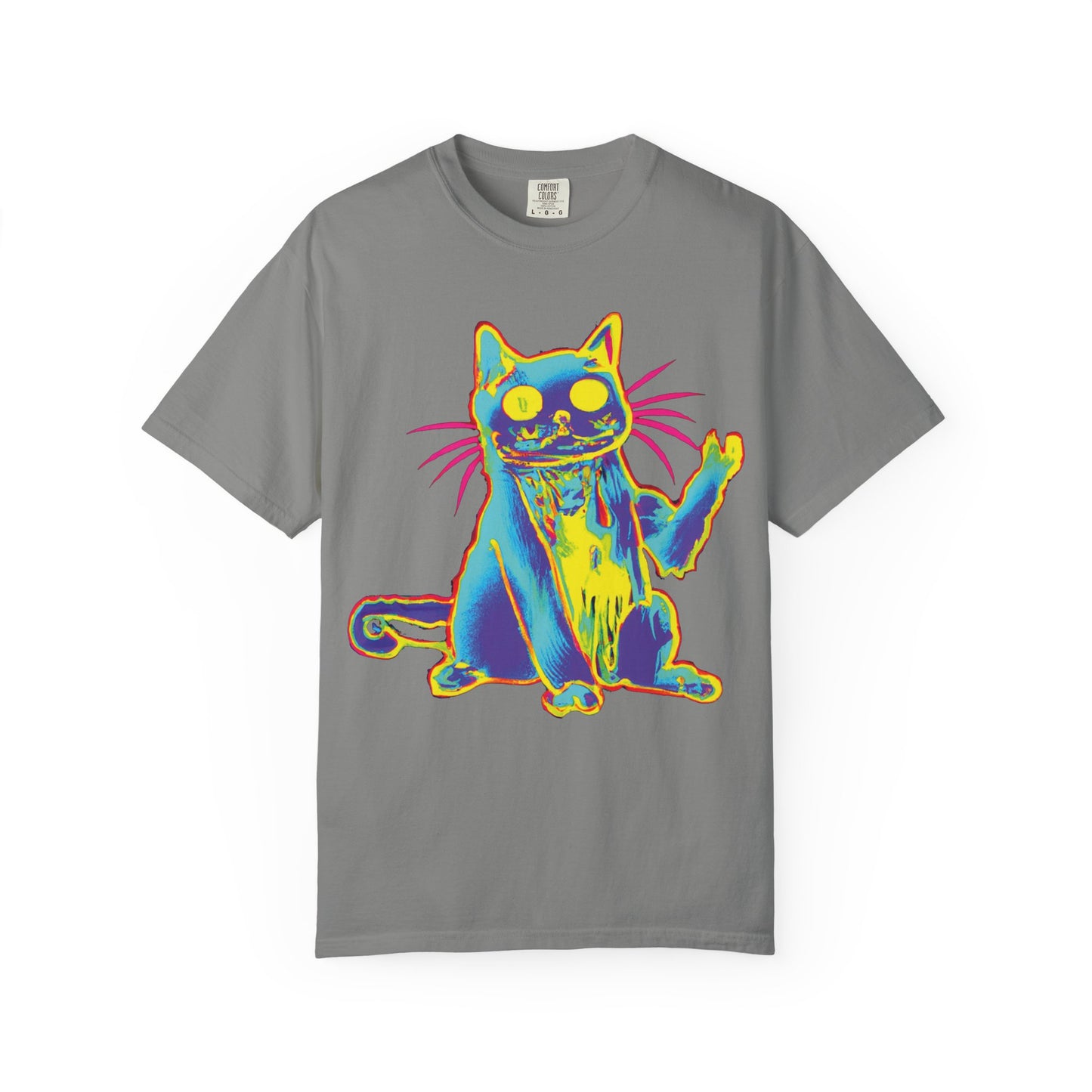 Psychedelic Cat Graphic T-Shirt — Retro Neon Cat Front + 'PLURR0UT.com' Back