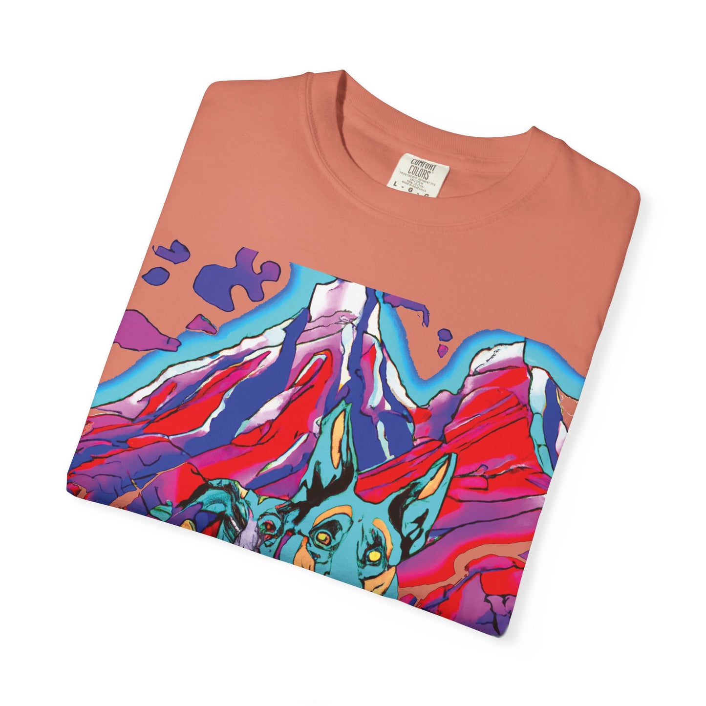 Psychedelic Mountain German Shepherd T-Shirt — Colorful Graphic Tee with Bold Back Script
