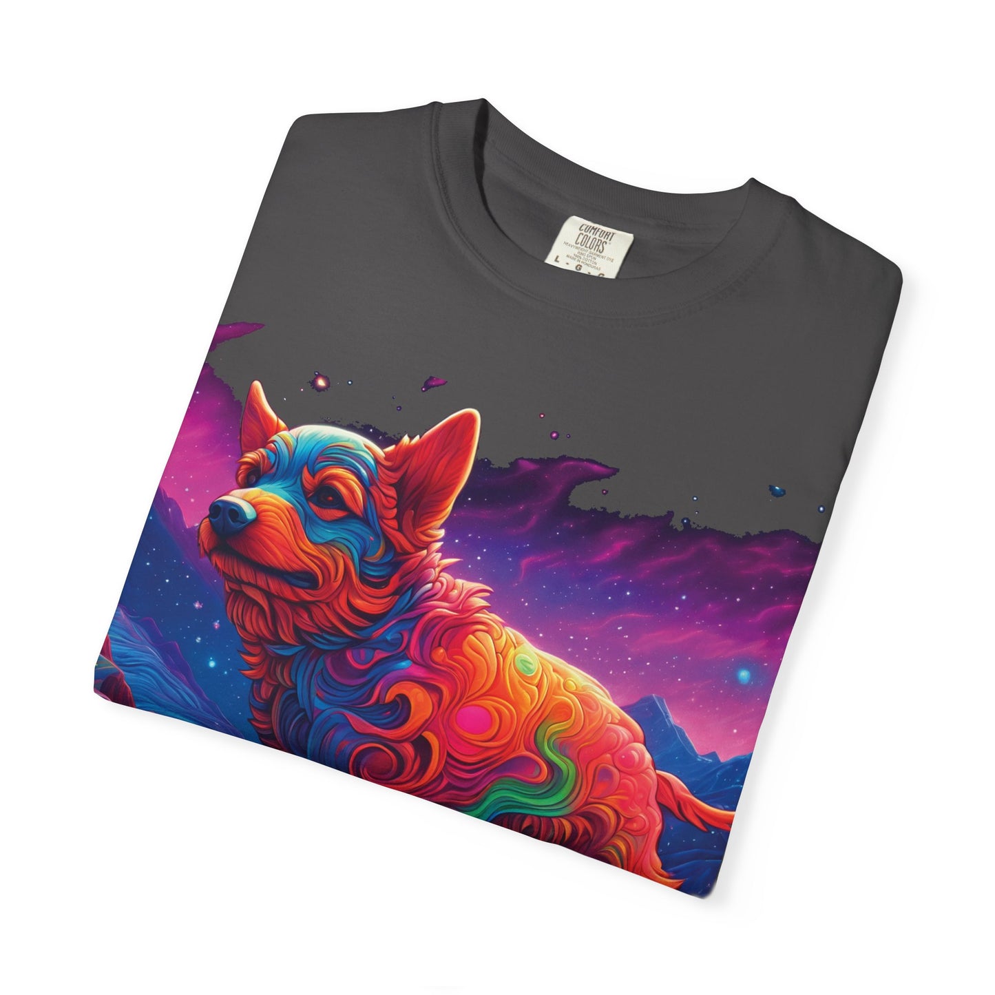 Psychedelic Fox Dog T-Shirt — Vibrant Neon Animal Art Tee (Includes PLURROUT.com Back Print)