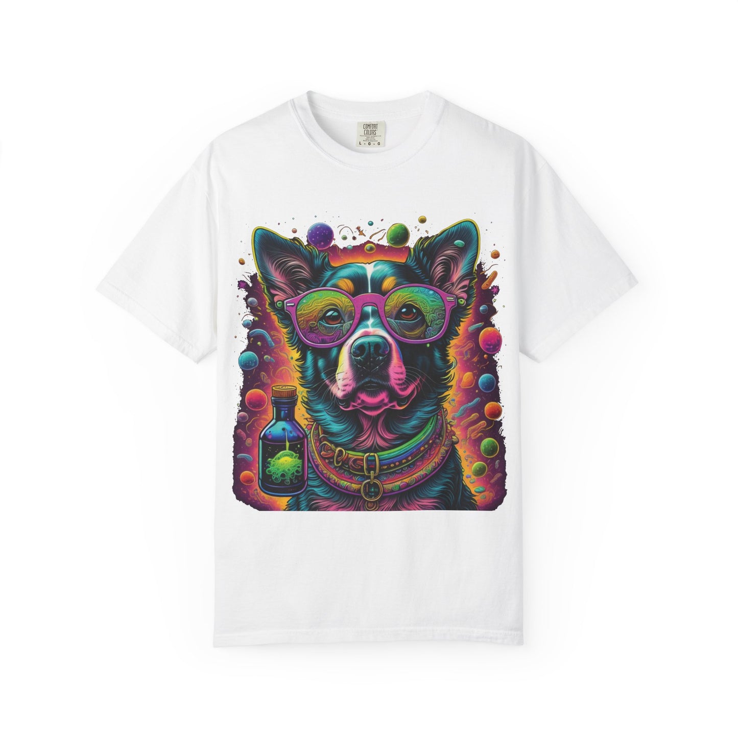Psychedelic Dog Graphic T-Shirt — Vibrant Neon Pup Art Tee
