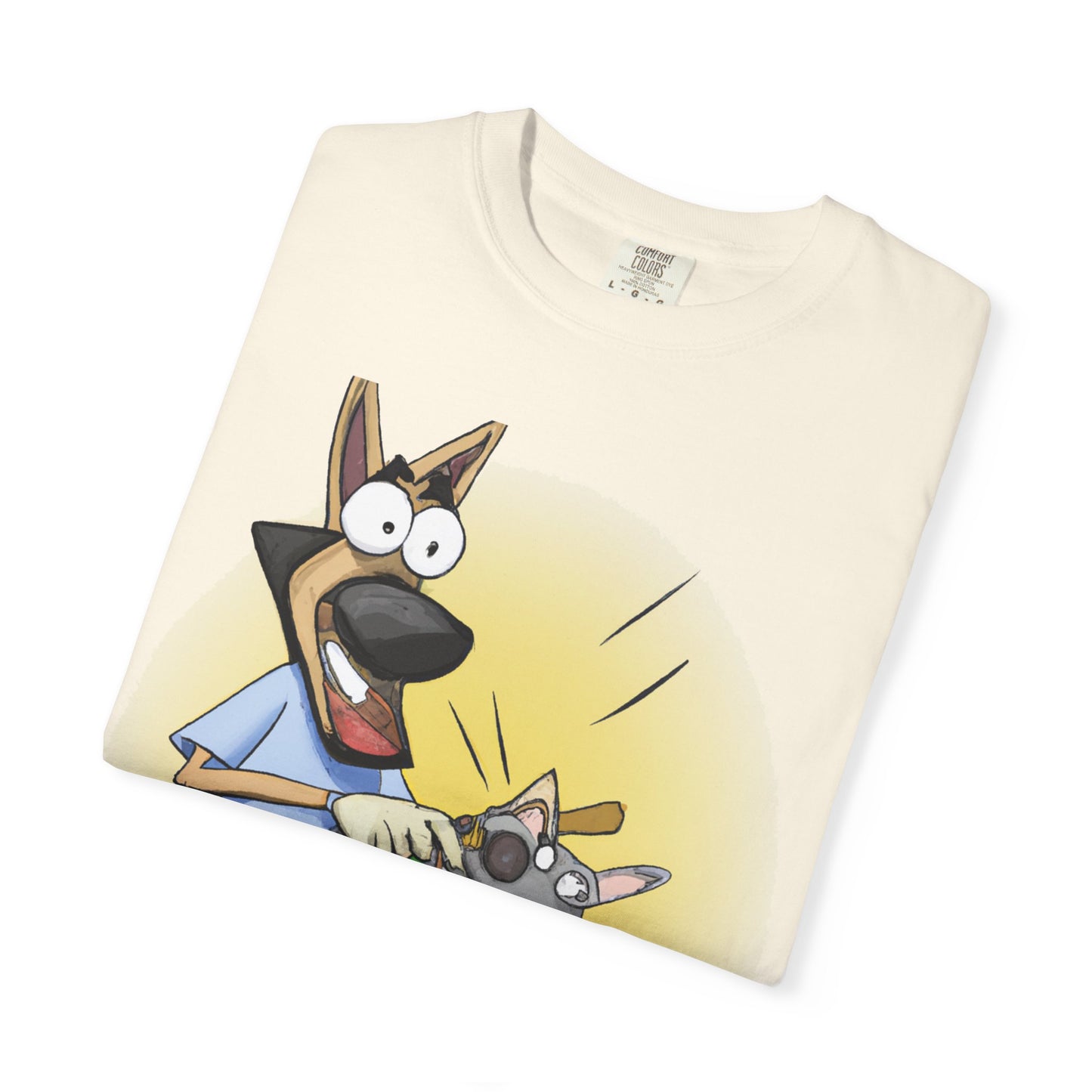 Funny Vet Dog T-Shirt — Cartoon Dog Grooming with 'PLuROUT.com' Back Print