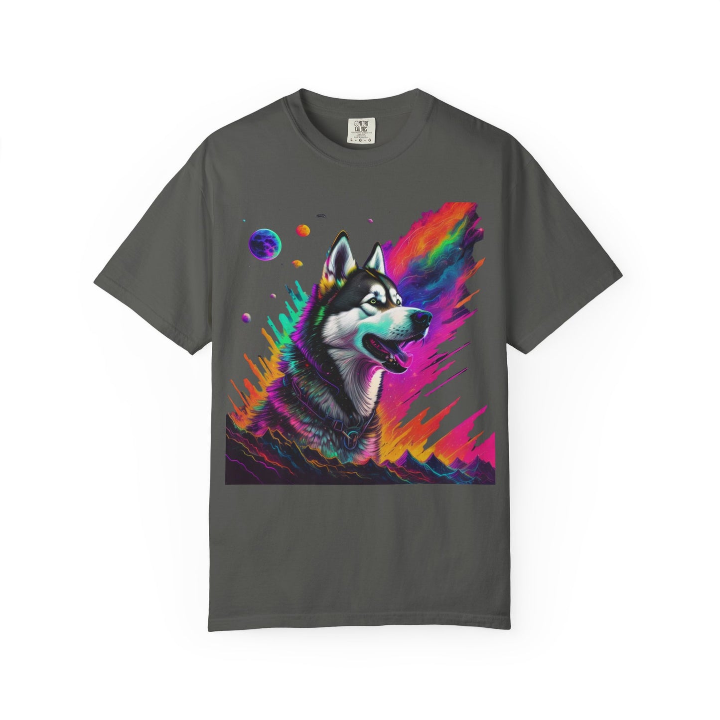 Husky Nebula T-Shirt — Colorful Cosmic Dog Art Tee