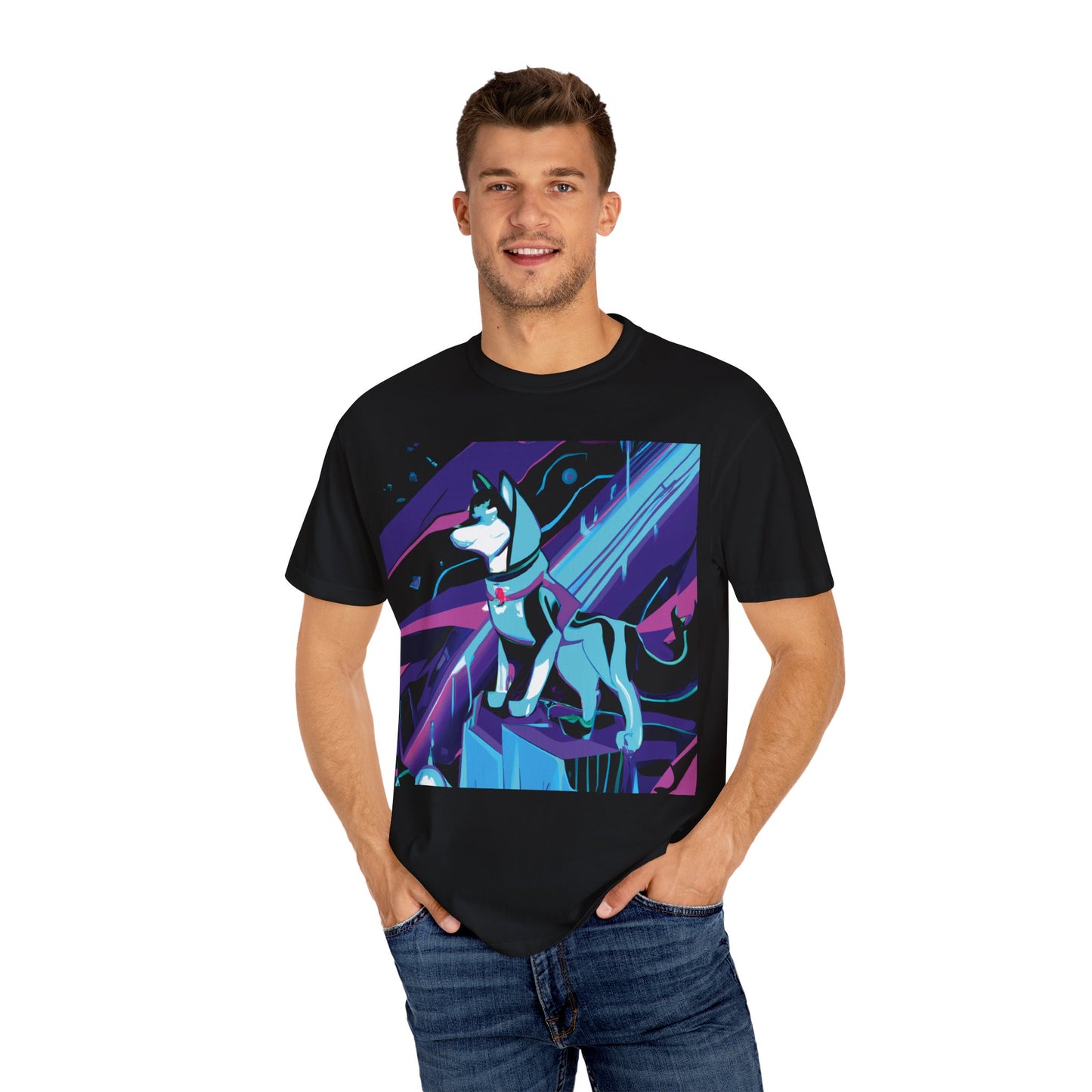 Arctic Husky Graphic T‑Shirt — Neon Cyber Wolf Design