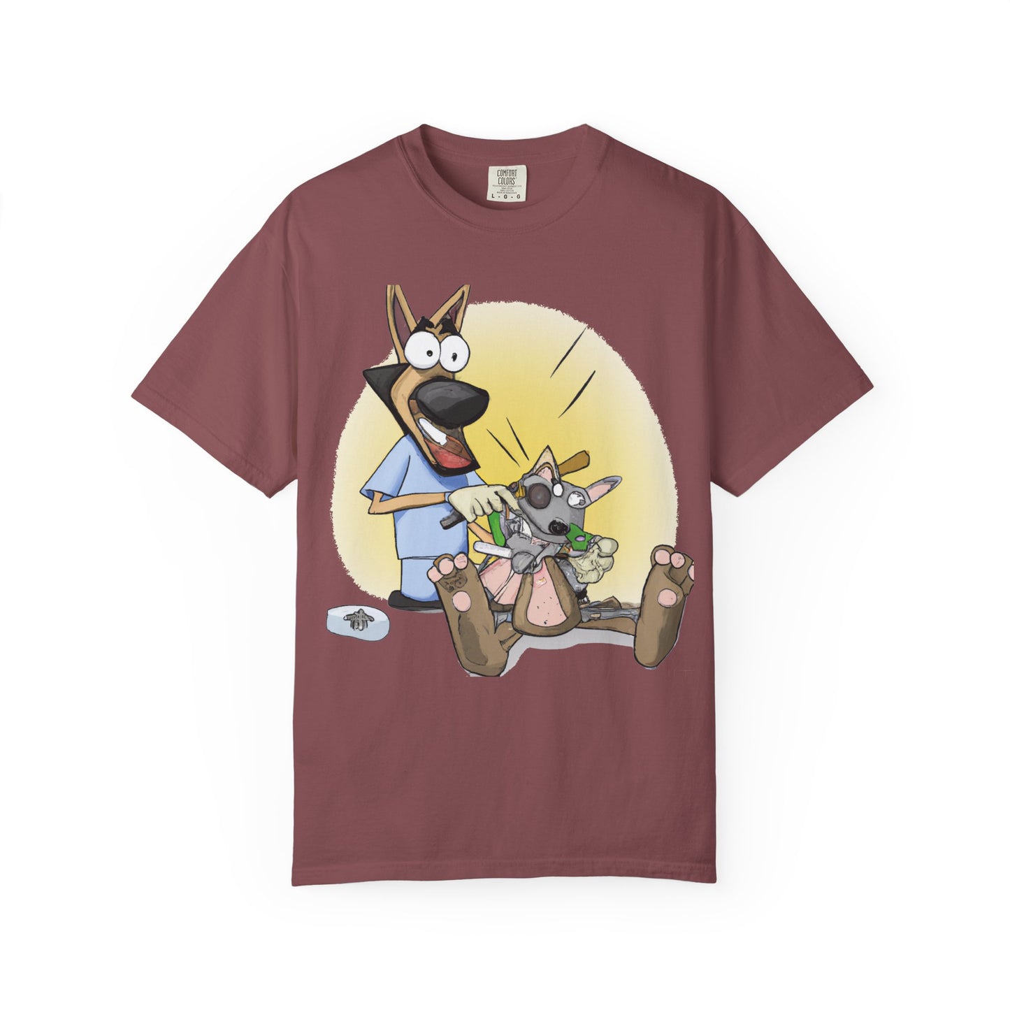 Funny Vet Dog T-Shirt — Cartoon Dog Grooming with 'PLuROUT.com' Back Print