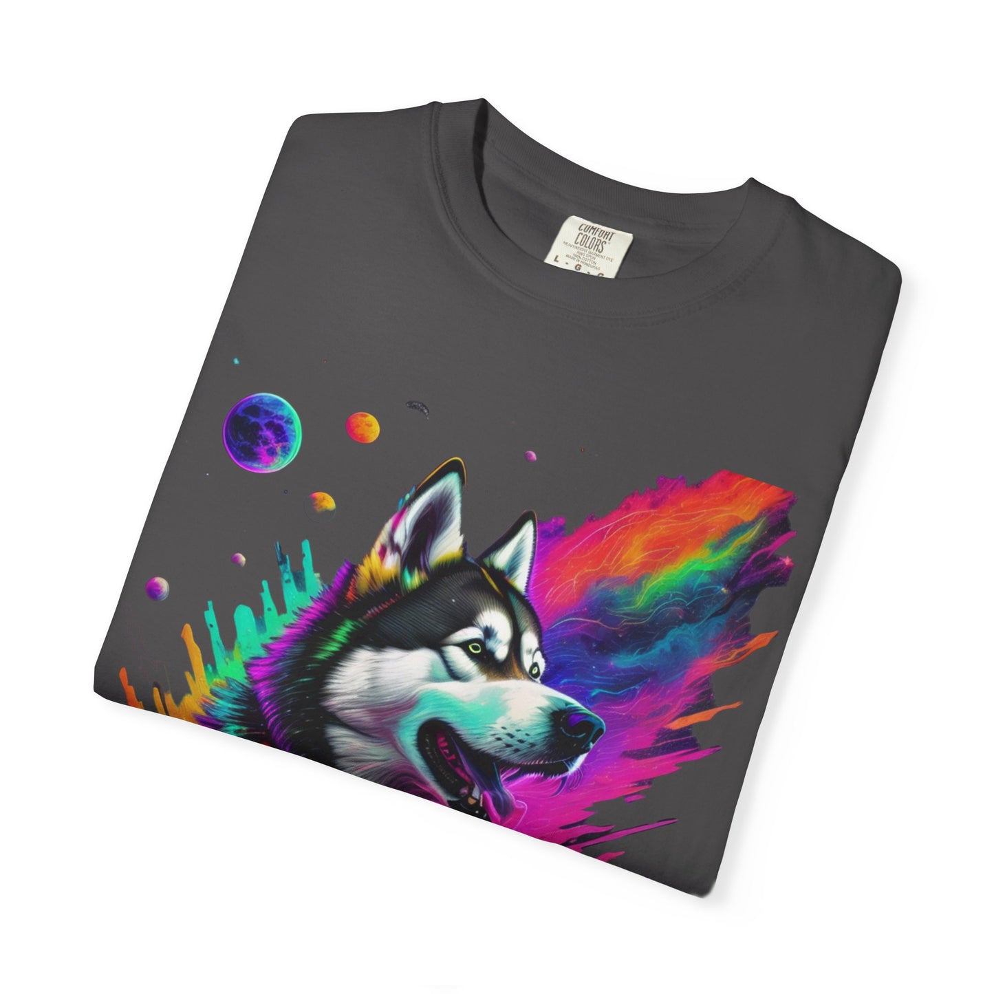 Husky Nebula T-Shirt — Colorful Cosmic Dog Art Tee