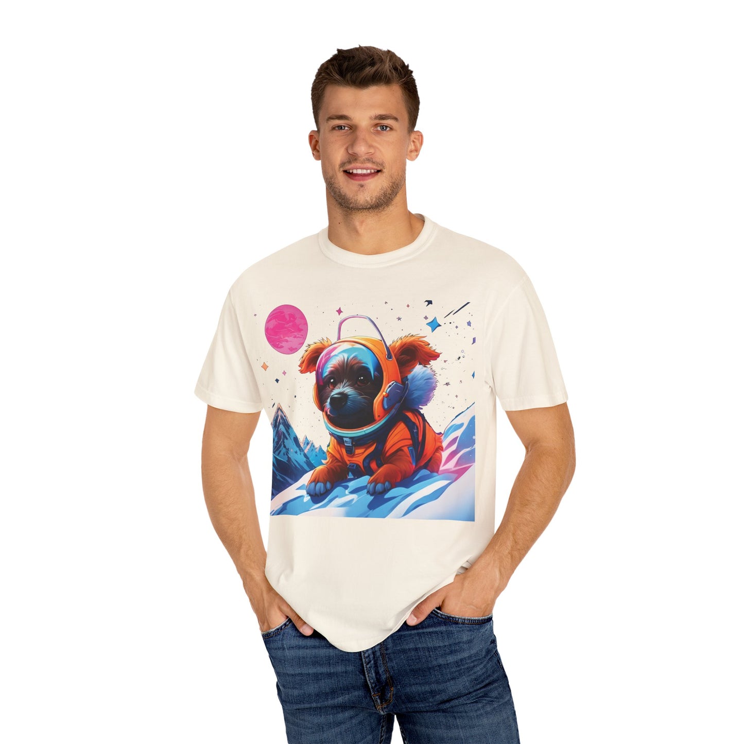 Astronaut Pug T-Shirt — Cute Space Dog Graphic Tee with PLUROUT.com Back Print