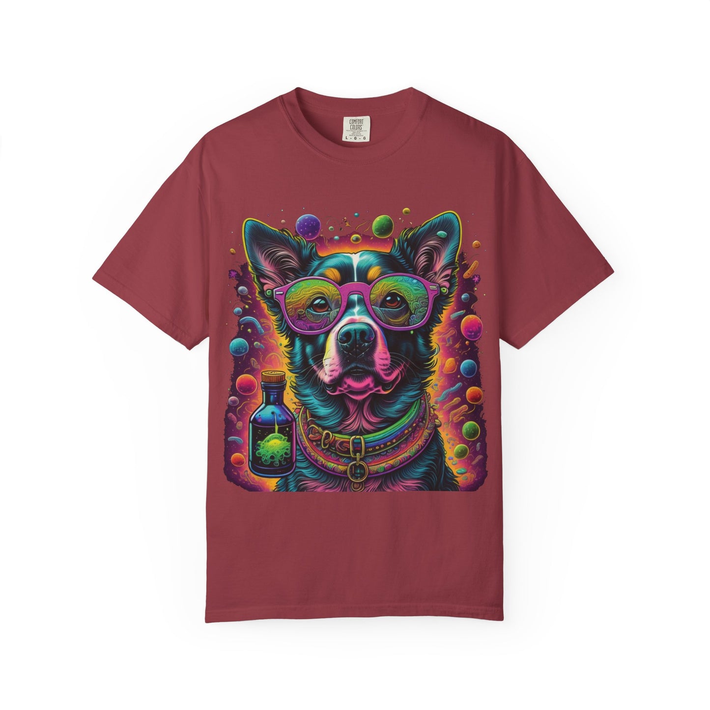 Psychedelic Dog Graphic T-Shirt — Vibrant Neon Pup Art Tee