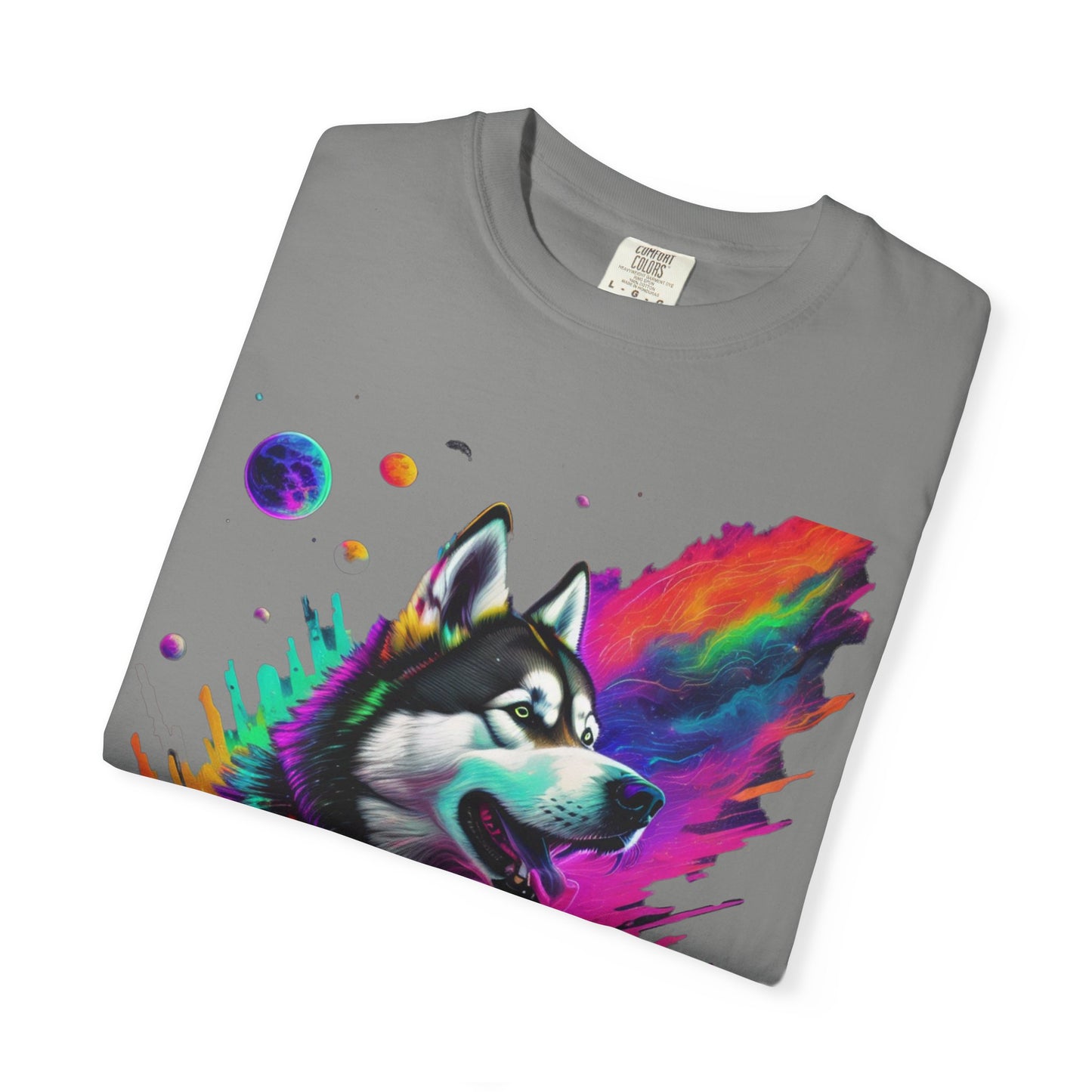 Husky Nebula T-Shirt — Colorful Cosmic Dog Art Tee
