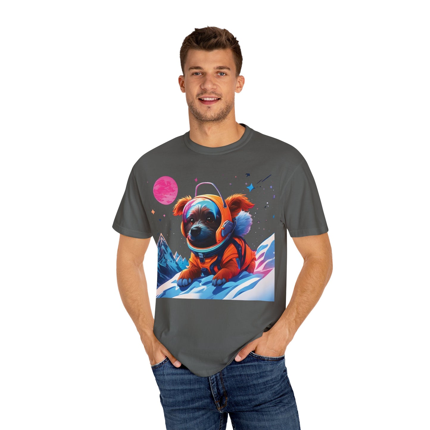 Astronaut Pug T-Shirt — Cute Space Dog Graphic Tee with PLUROUT.com Back Print
