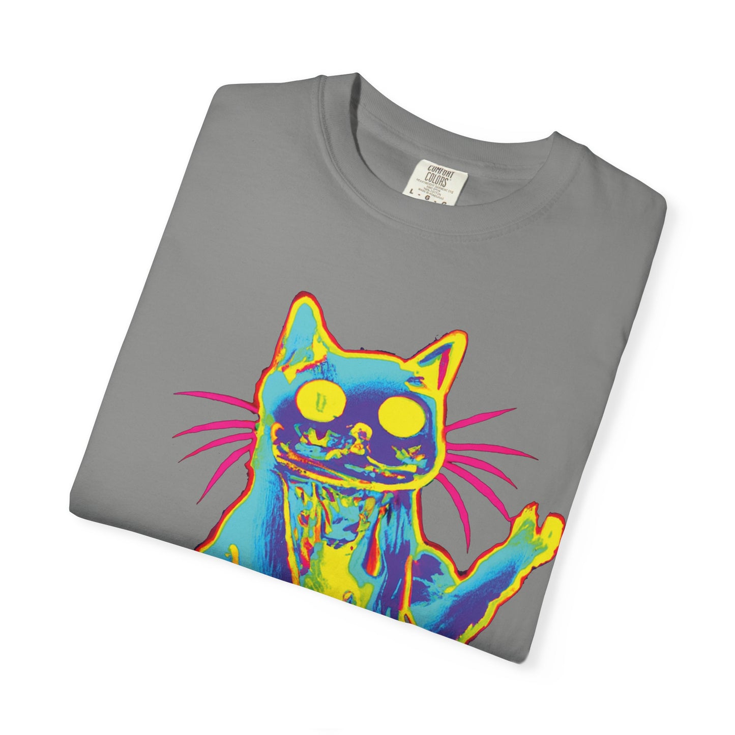 Psychedelic Cat Graphic T-Shirt — Retro Neon Cat Front + 'PLURR0UT.com' Back