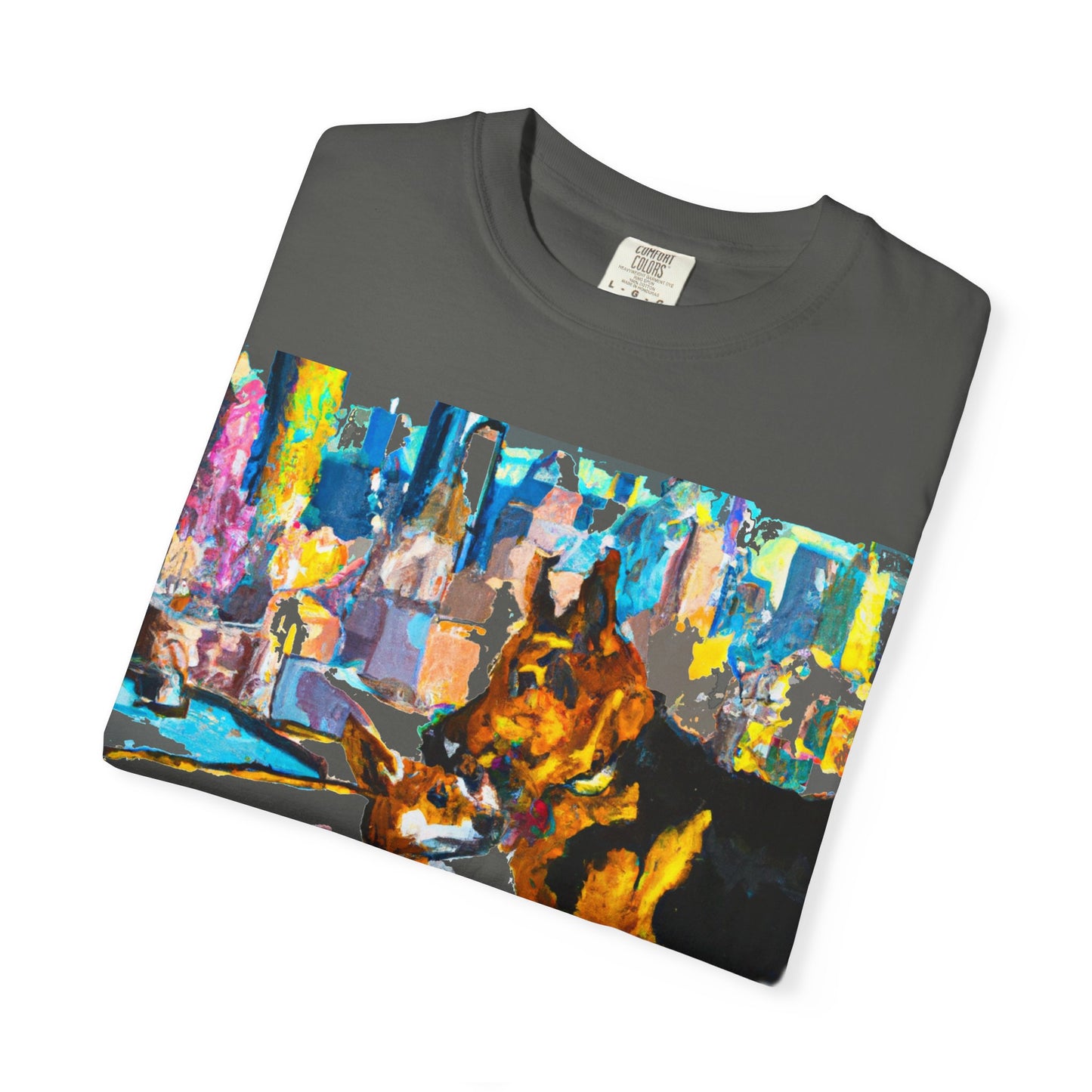 Dog Art T-Shirt — Colorful Urban Canine Print (Back Logo "PLUKOUT.com")